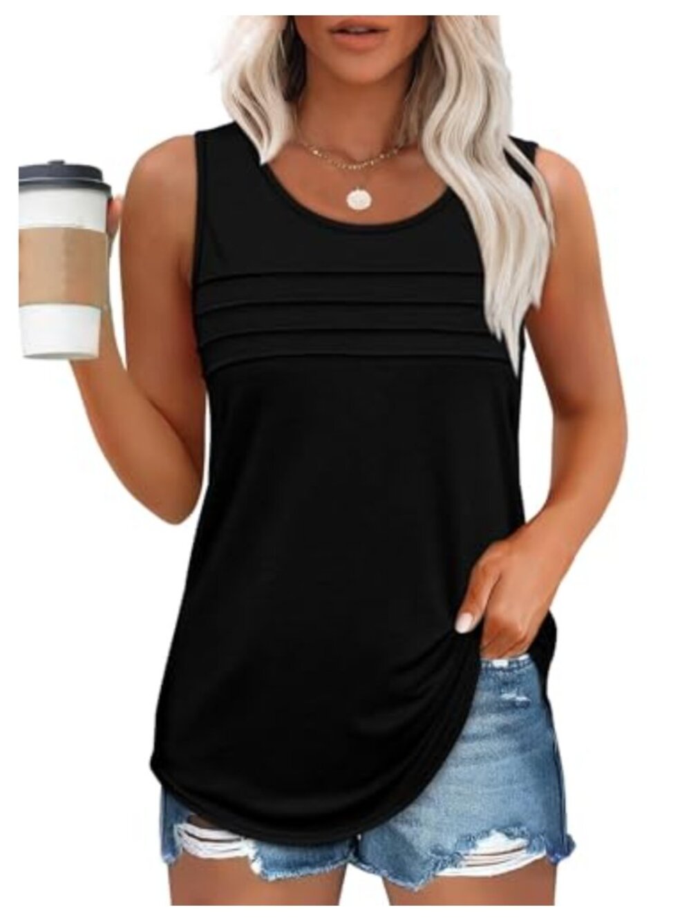 Womens Sleeveless Pleated Tank Top Loose Fit Scoop Neck Summer Casual Shirt